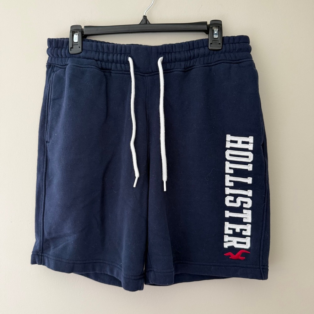 Hollister Mens Fleece Sweat Shorts Navy Blue Logo Graphic Drawstring Size M